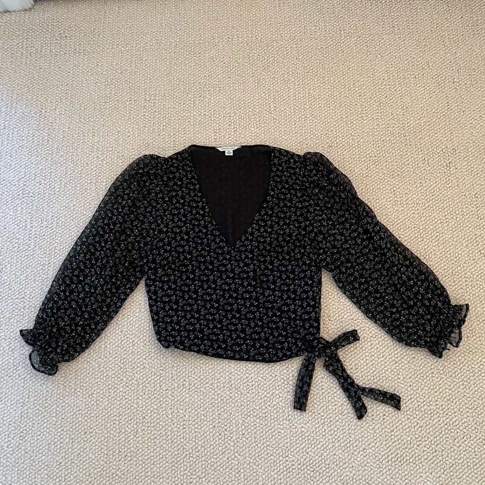Women's Black Floral Wrap Top with Long Sleeves